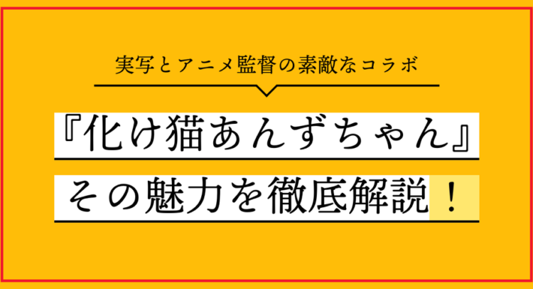 この画像は、黄色を基調としたシンプルで力強いデザインです。上部には「実写とアニメ監督の素敵なコラボ」という説明文があり、中央に『化け猫あんずちゃん』という作品のタイトルが大きく目立つように配置されています。さらに、その下には「その魅力を徹底解説！」と書かれており、作品の魅力を深掘りするコンテンツであることを示しています。