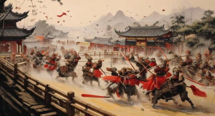 中国の秦王朝を舞台にした壮絶な戦闘シーンを描いた水墨画風の作品です。武装した騎兵たちが槍を掲げ、激しい戦闘を繰り広げている様子が捉えられています。背景には、中国の伝統的な建物や山々が描かれ、戦場の緊迫感が強調されています。兵士たちは赤い装飾のついた甲冑を着ており、その動きと迫力が水墨画の柔らかなタッチと見事に対比されています。