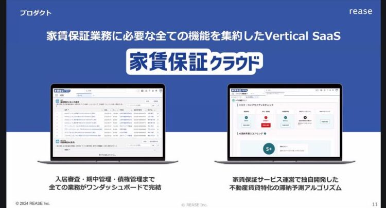 この画像は、リース株式会社（REASE Inc.）による「家賃保証クラウド」の製品概要を示したスライドのようです。このサービスは、家賃保証業務に必要なすべての機能を集約したVertical SaaS（業界特化型SaaS）で、入居審査から期中管理、債権管理まで一括してワンダッシュボードで管理できることが強調されています。また、不動産賃貸に特化した滞納予測アルゴリズムが特徴として紹介されています。
