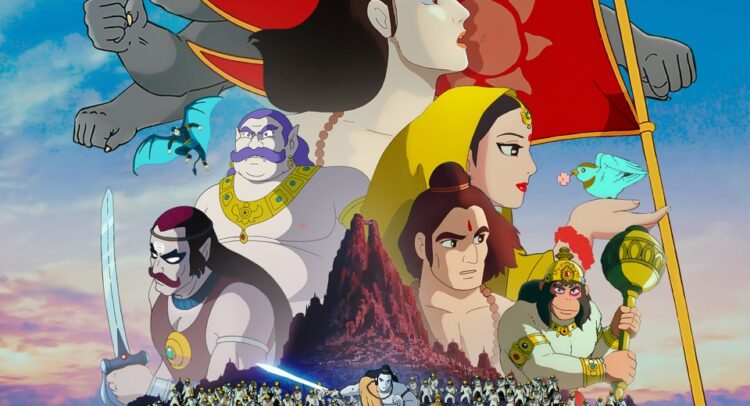 映画『Ramayana: The Legend of Prince Rama』のポスター。中央には弓を持ち旗を掲げた王子ラーマが描かれ、周囲にはシーター姫、猿王ハヌマーン、敵対する悪魔王ラーヴァナなどのキャラクターが配置されている。背景には巨大な猿の戦士たちや戦場の光景が広がり、神話的な雰囲気を醸し出している。ポスターの上部には「IN CINEMAS 24th JAN 2025 4K ULTRA HD」と上映日が記され、下部にはタイトル『RAMAYANA: The Legend of Prince Rama』がオレンジ色で目立つフォントで強調されている。